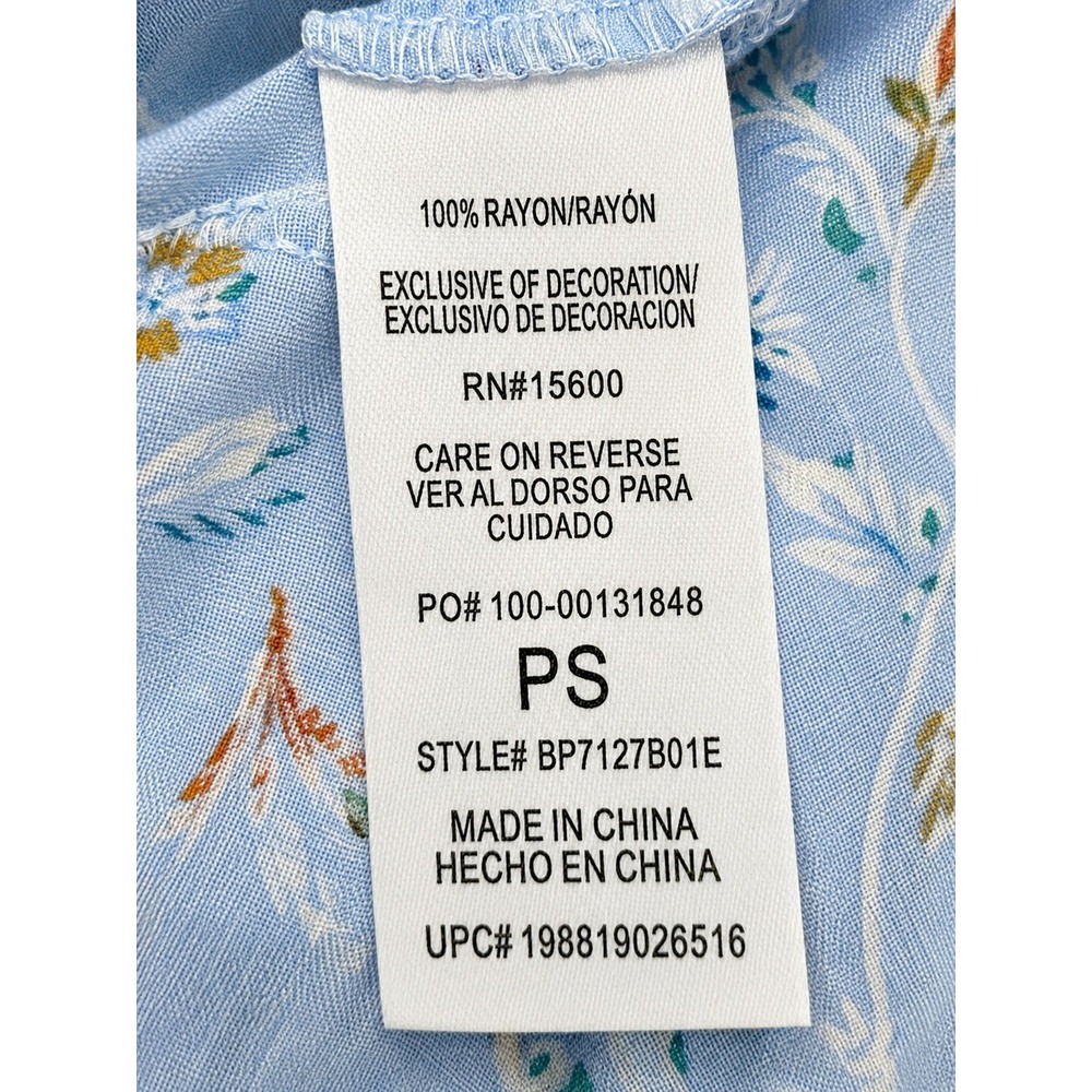 Democracy Blue Floral Pintuck Button Front Rayon Blouse Smocked Sleeve Small P - Picture 6 of 6